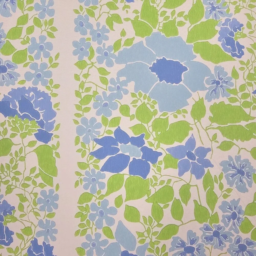 Vintage Wallpaper Sample Sheet 70s Floral Blue Flowers Craft Supply Dollhouse